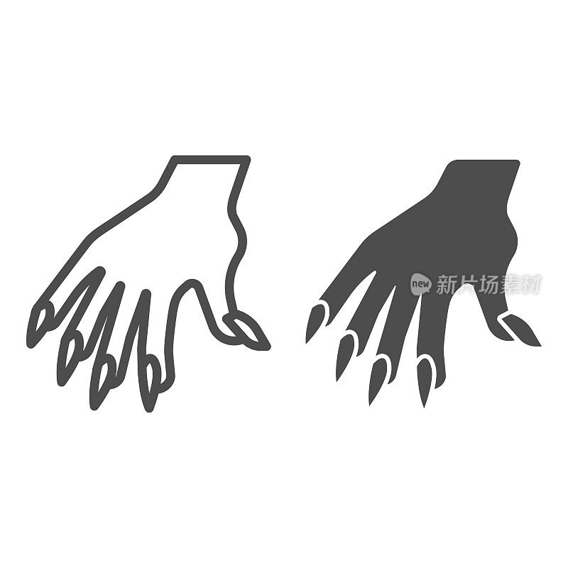 Hand with long nails line and solid icon, halloween concept, witch fingers sign on white background, woman arm icon in outline style for mobile concept and web design. Vector graphics.